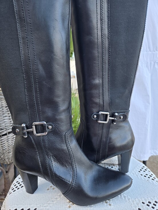 Anne Klein Shoes - Anne Klein Black Knee-High Buckle Heeled Boots